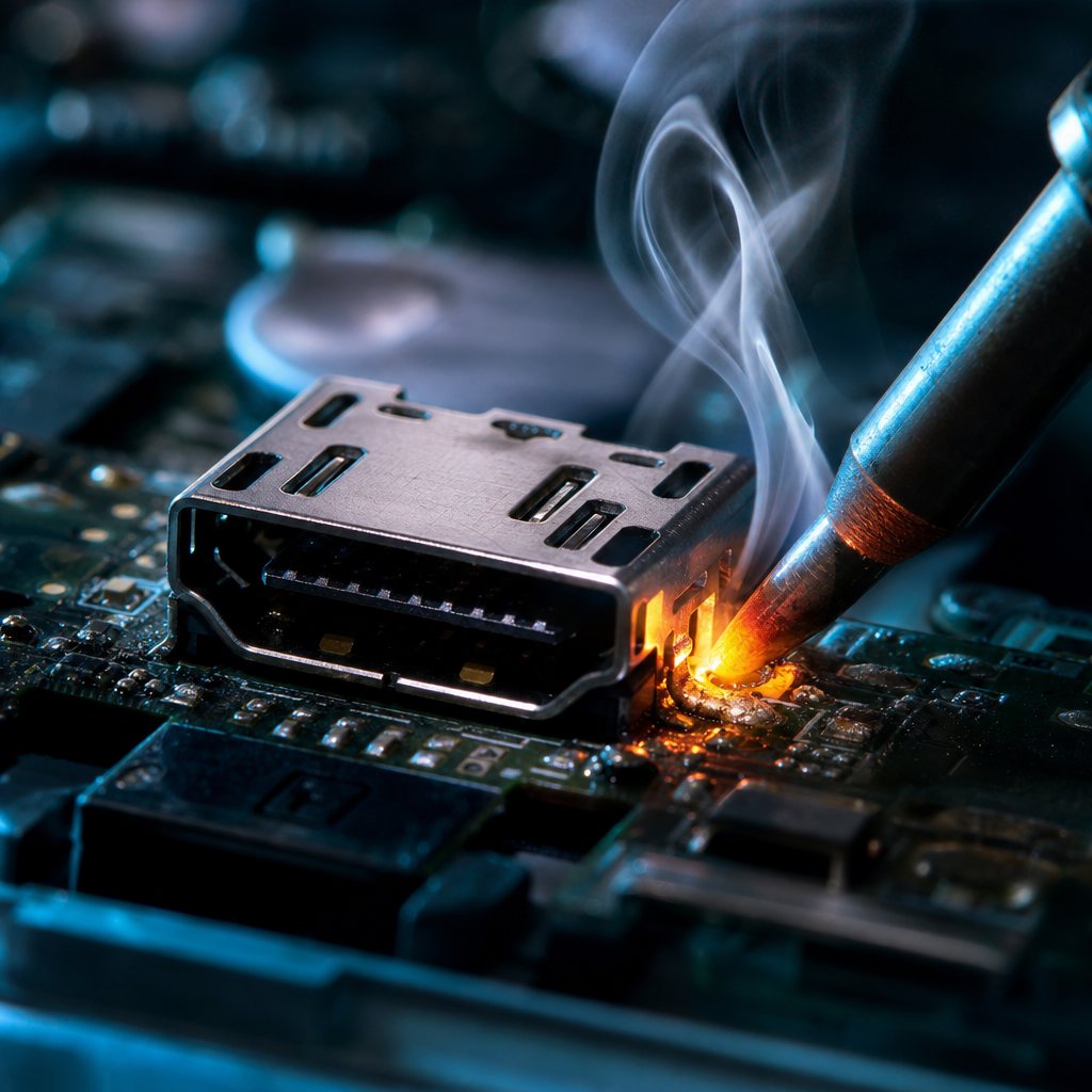 Precision micro-soldering a fresh HDMI port.