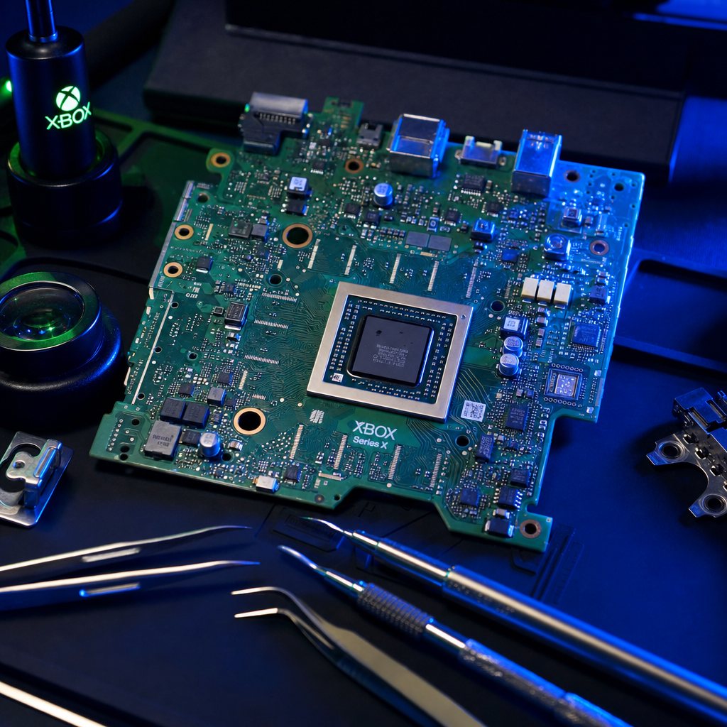 Xbox Series X board diagnostics on the bench.